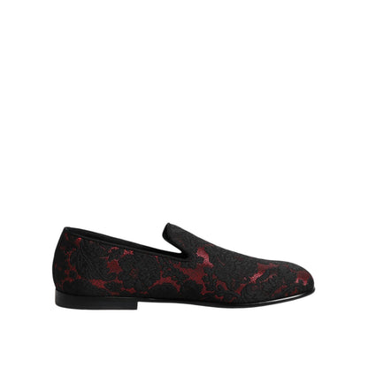 Dolce & Gabbana Red Black Jacquard Slip On Loafers Shoes