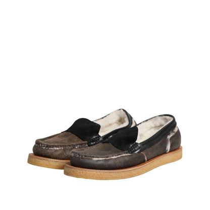 Dolce & Gabbana Brown White Calfskin Leather Loafers Shoes Dolce & Gabbana