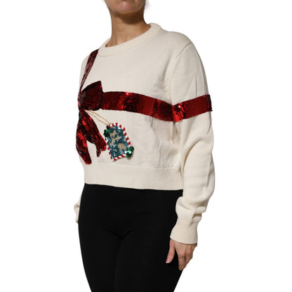 Dolce & Gabbana White Sequined Crew Neck Pullover Sweater