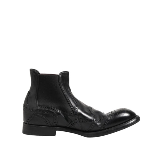 Dolce & Gabbana Black Leather Ankle Boots Slip On Shoes Dolce & Gabbana