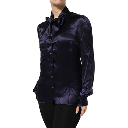 Dolce & Gabbana Dark Purple Silk Ascot Collared Blouse Top