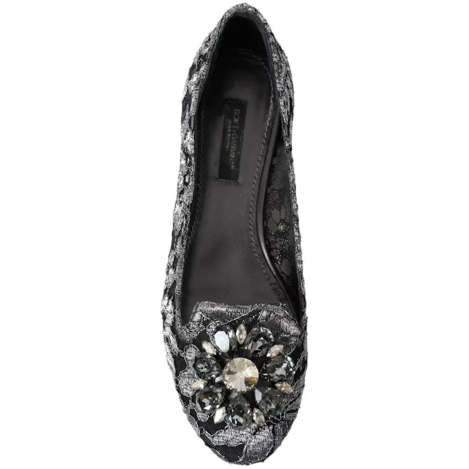 Gray Black Lace Crystal Ballet Loafers Shoes