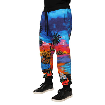 Dolce & Gabbana Blue Hawaiian Print Jogger Sweatpants Pants