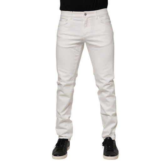 Dolce & Gabbana White Cotton Logo Plaque Slim Fit Denim Jeans Dolce & Gabbana