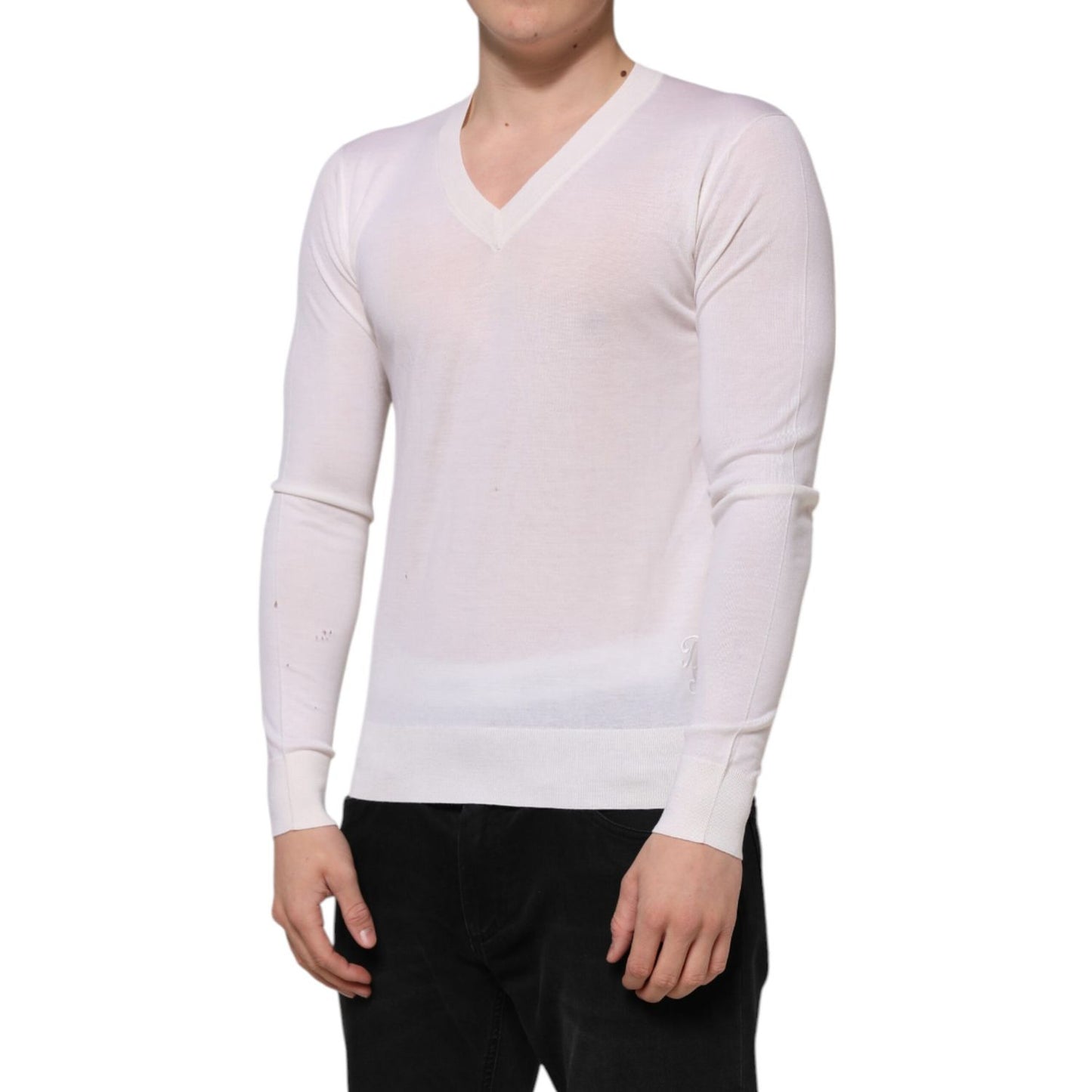 Dolce & Gabbana White Cashmere Logo V-neck Pullover Sweater