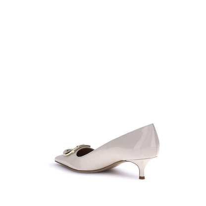 Ferragamo Cream Calf Leather Bos Taurus Mid Heel Pumps