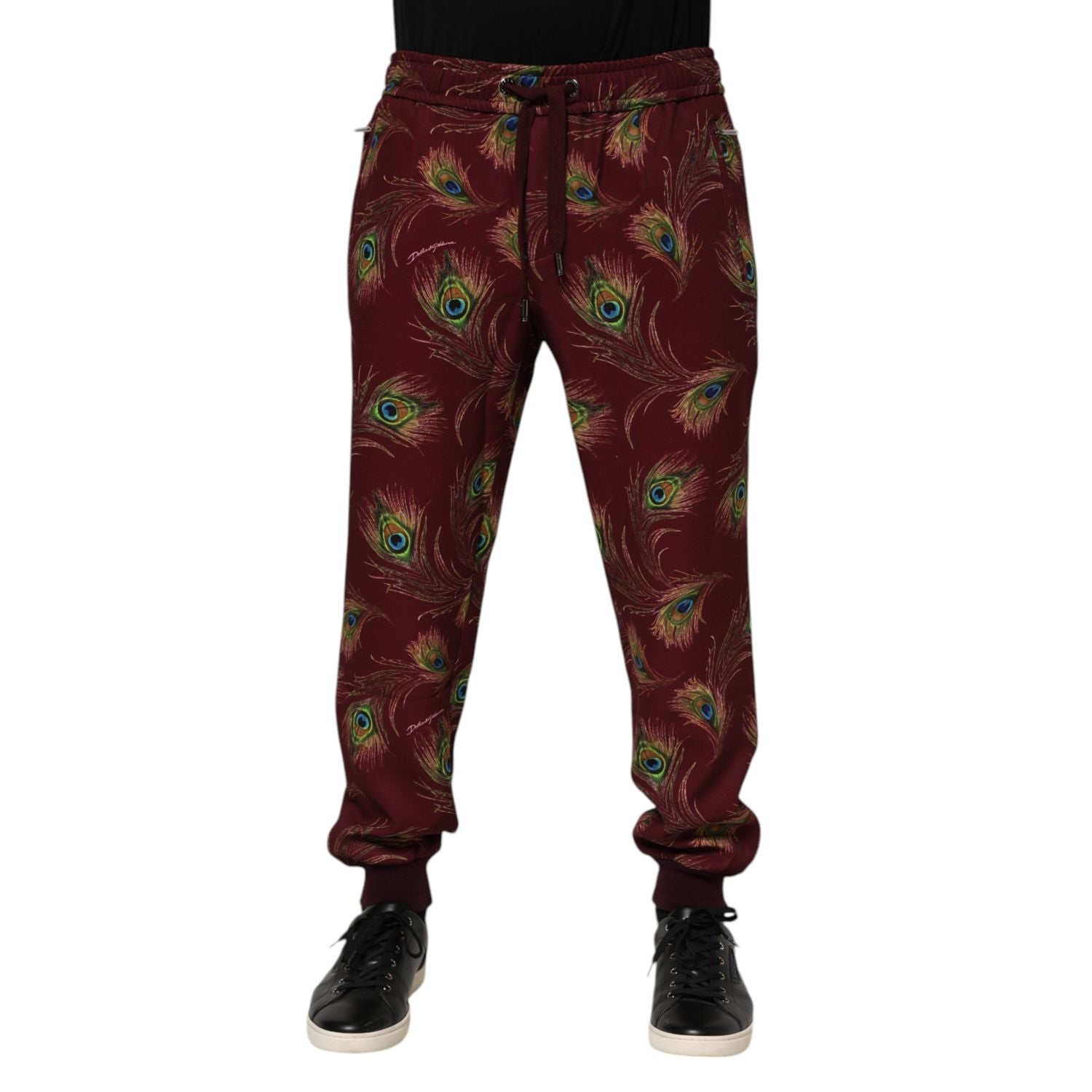 Dolce & Gabbana Burgundy Peacock Feather Print Jogger Pants