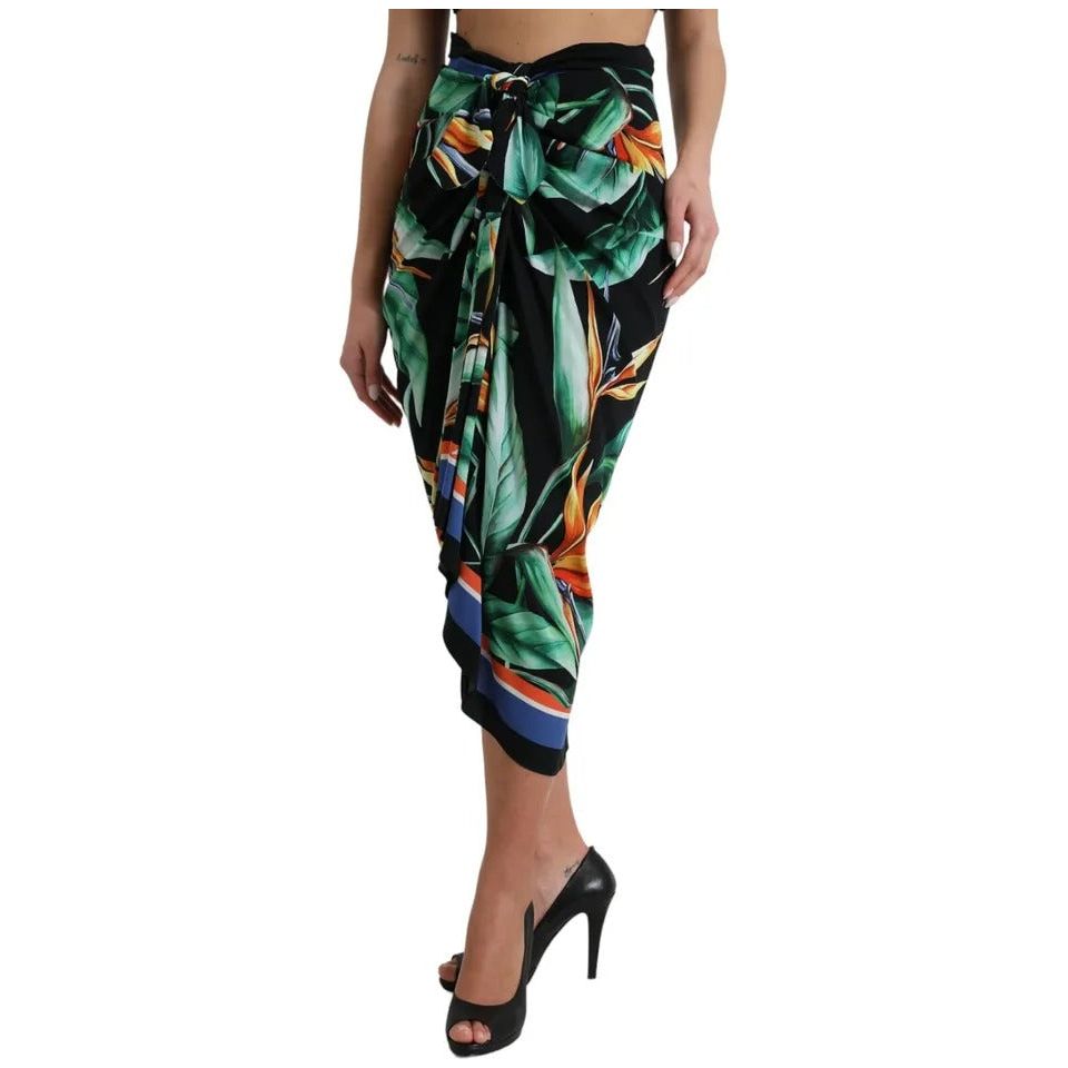 Black Strelitzia High Waist Wrap Midi Skirt