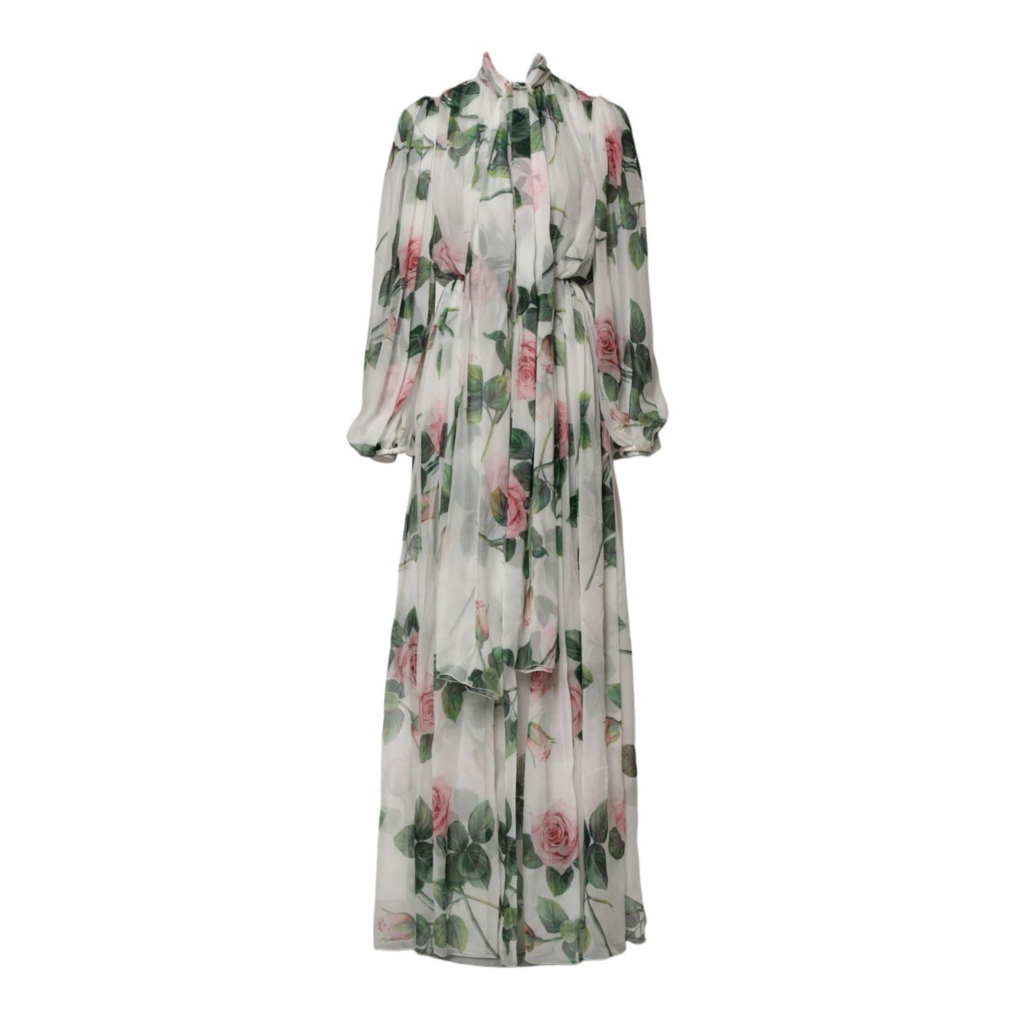 Dolce & Gabbana White Floral Roses Silk Maxi Long Gown Dress