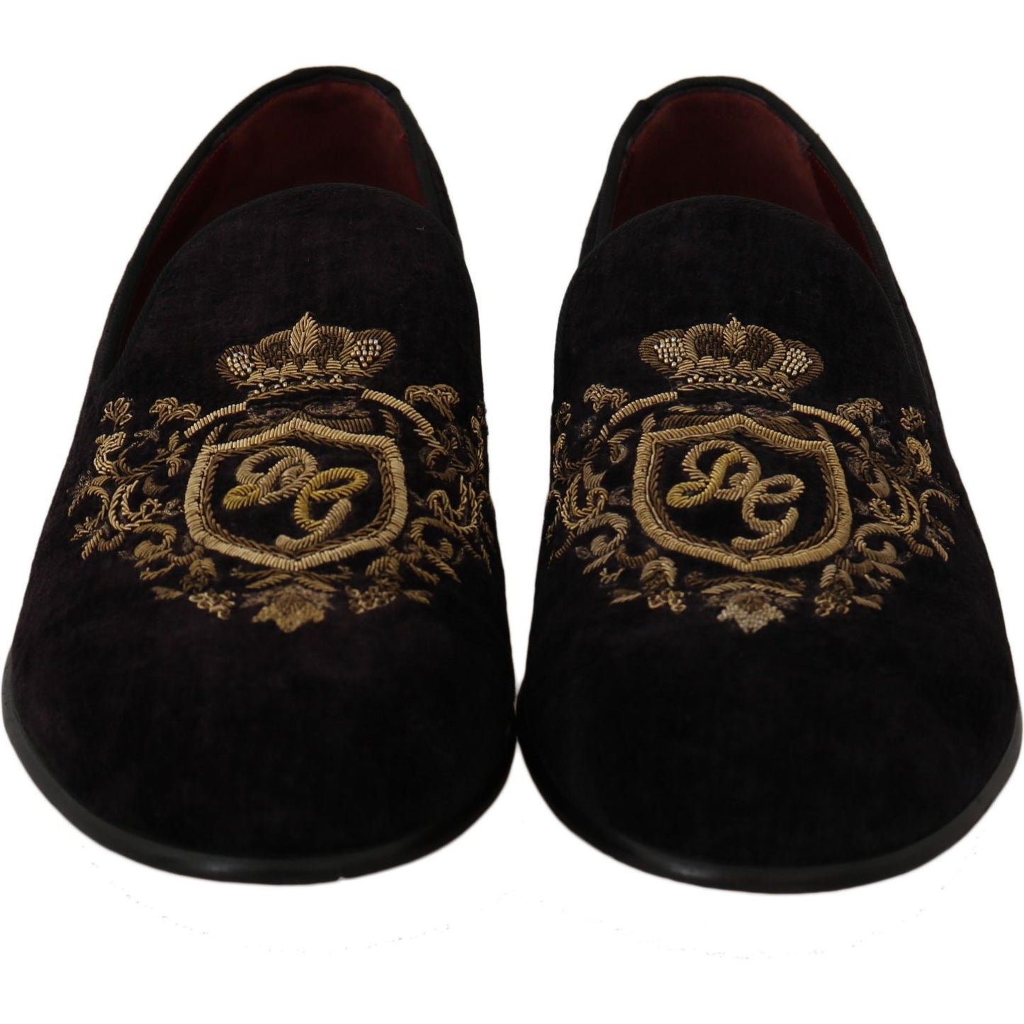 Elegant Black Loafers with Gold Crown Embroidery