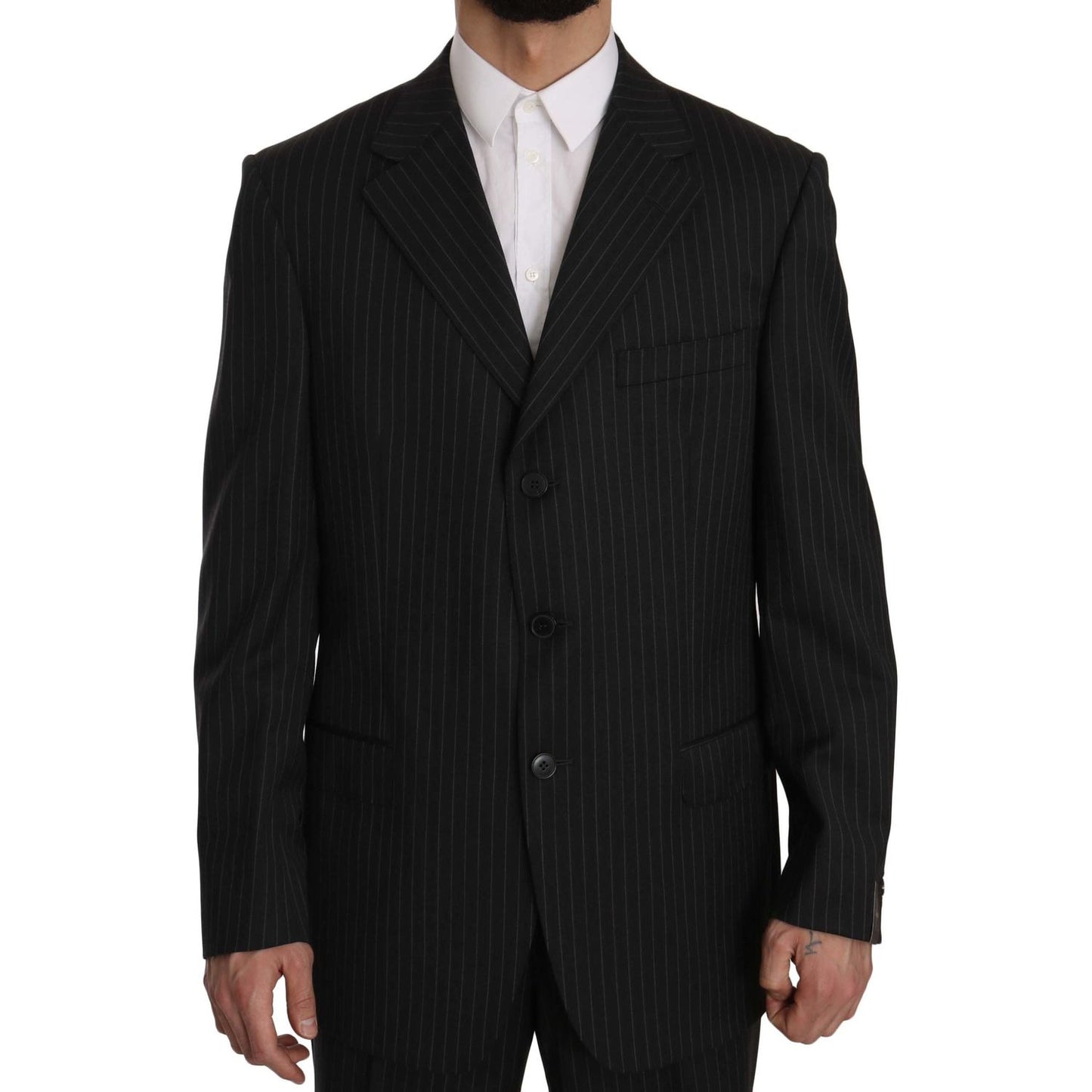 Elegant Black Striped Wool Suit