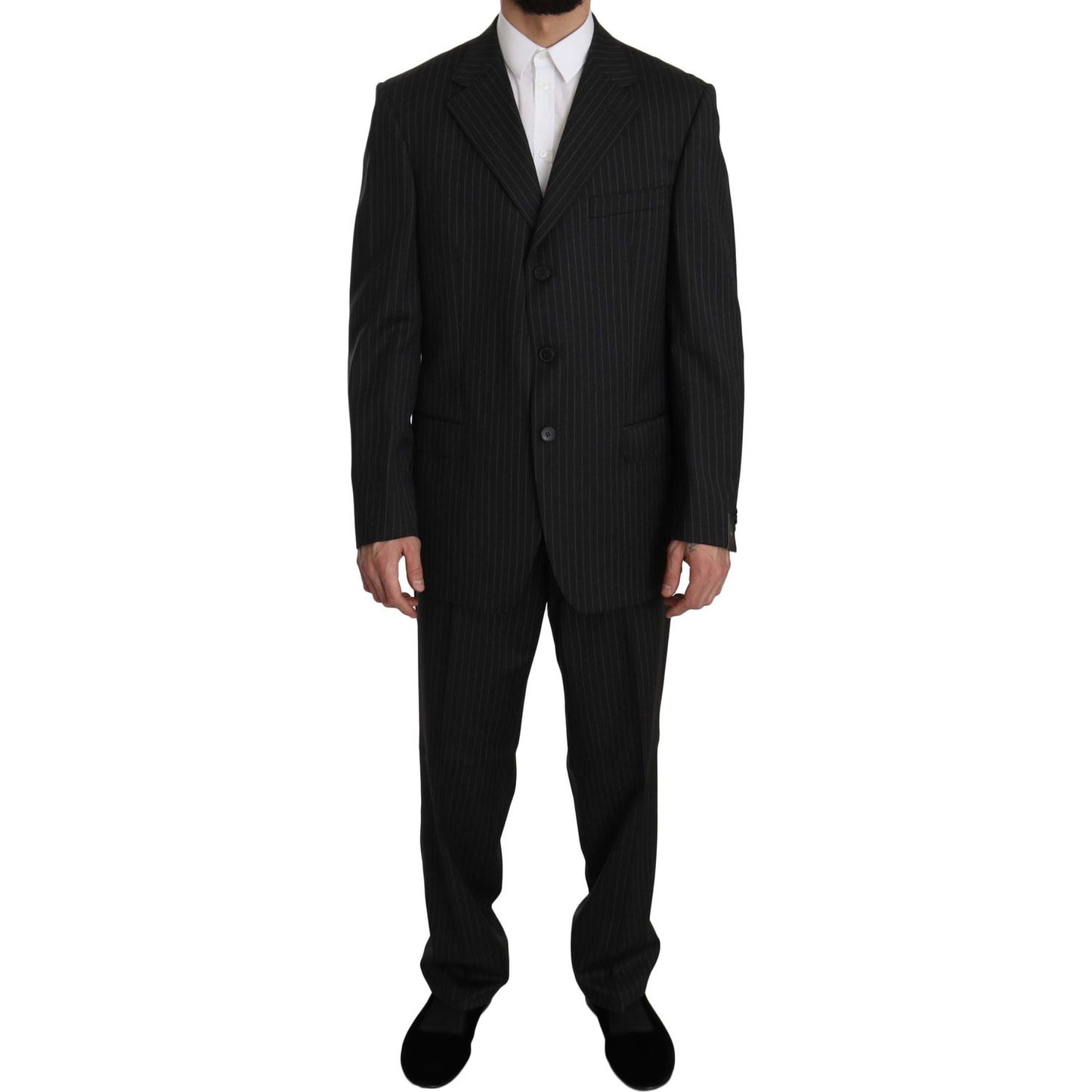 Elegant Black Striped Wool Suit