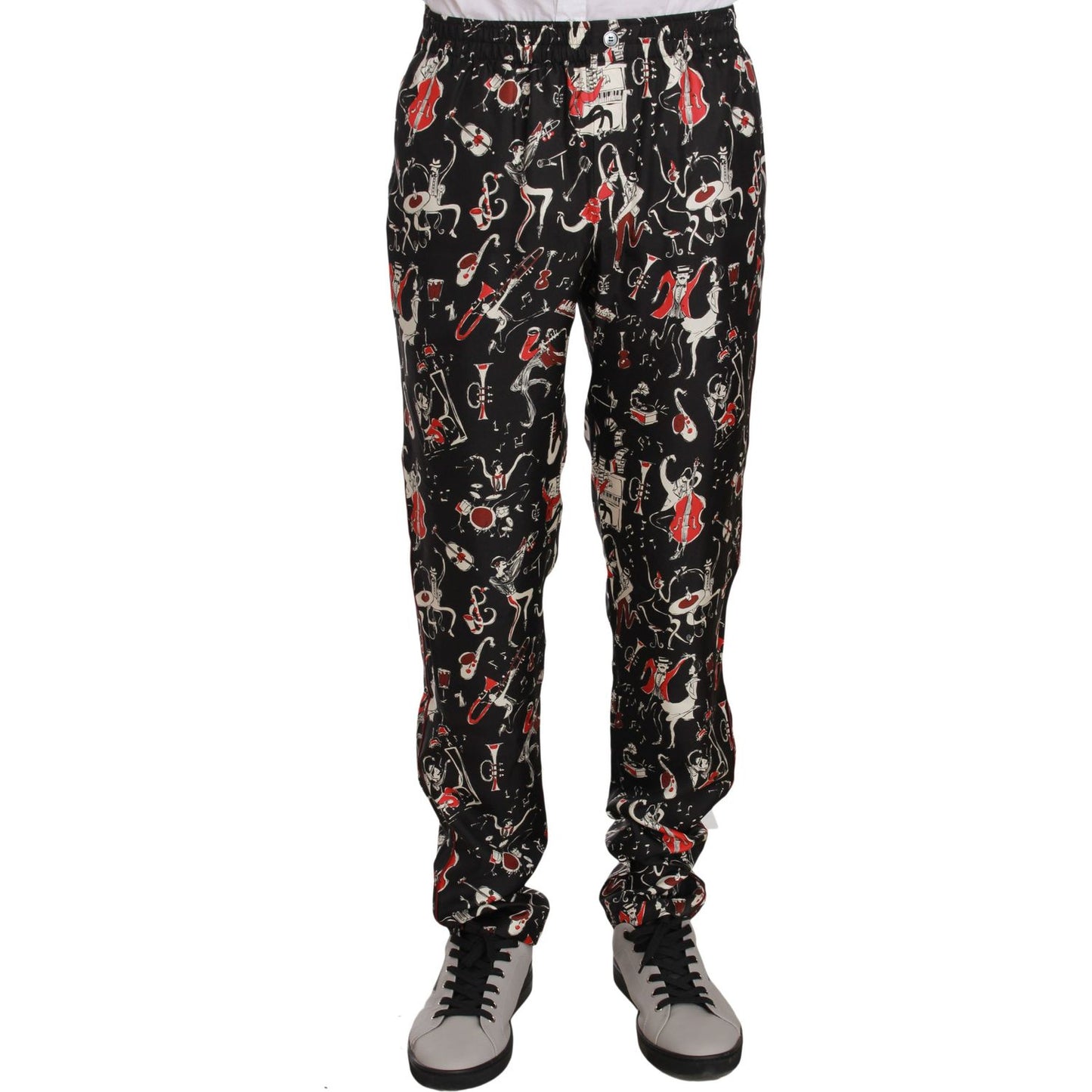 Elegant Black Silk Lounge Pants with Red Print