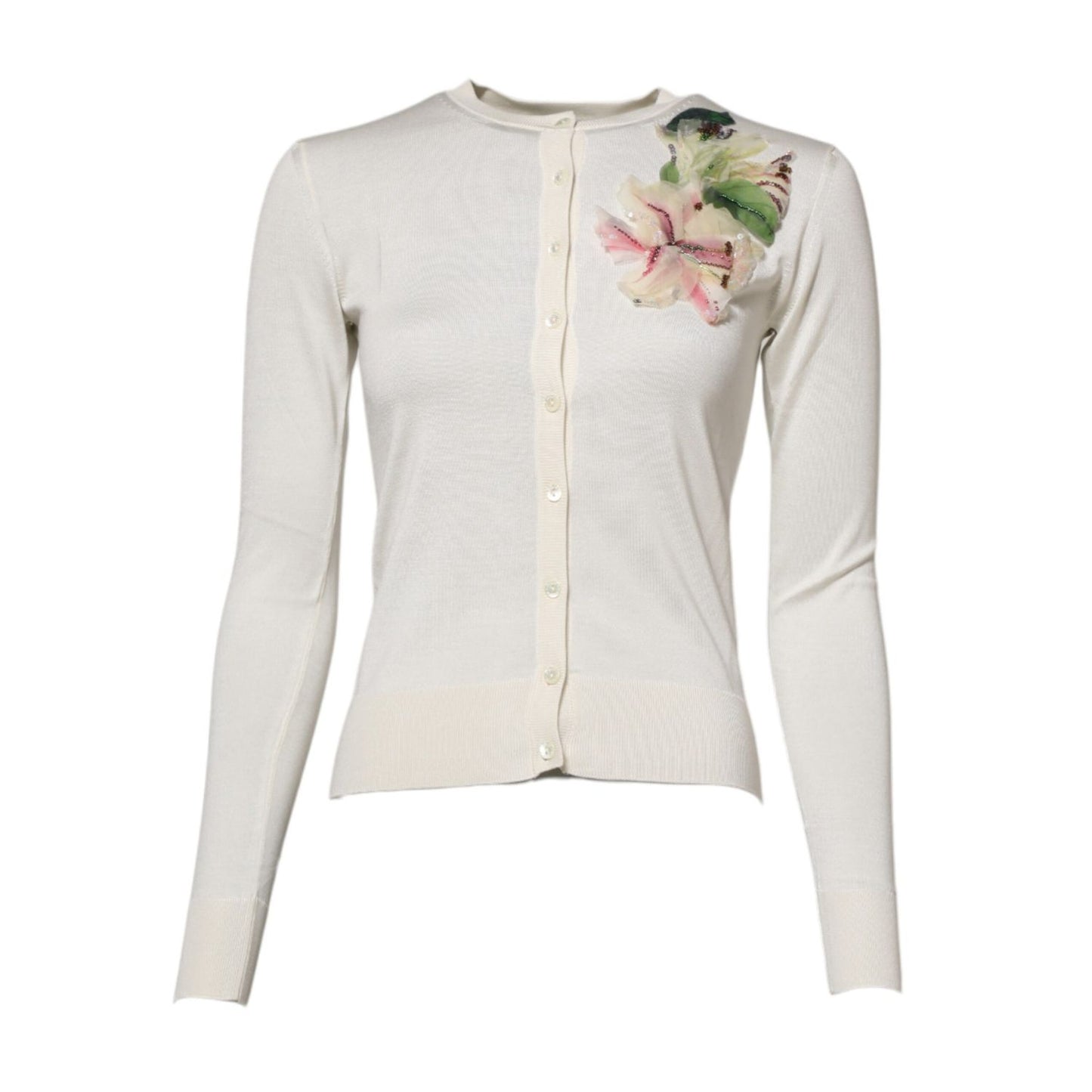 Dolce & Gabbana White Silk Lily Buttoned Cardigan Sweater