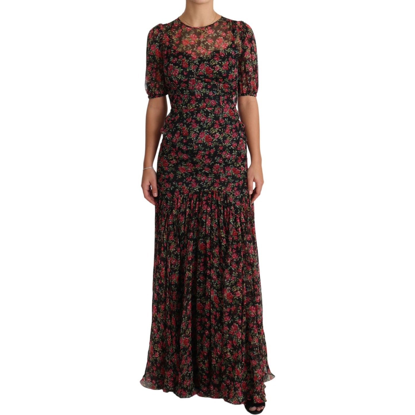 Elegant Black Silk Floral A-Line Gown