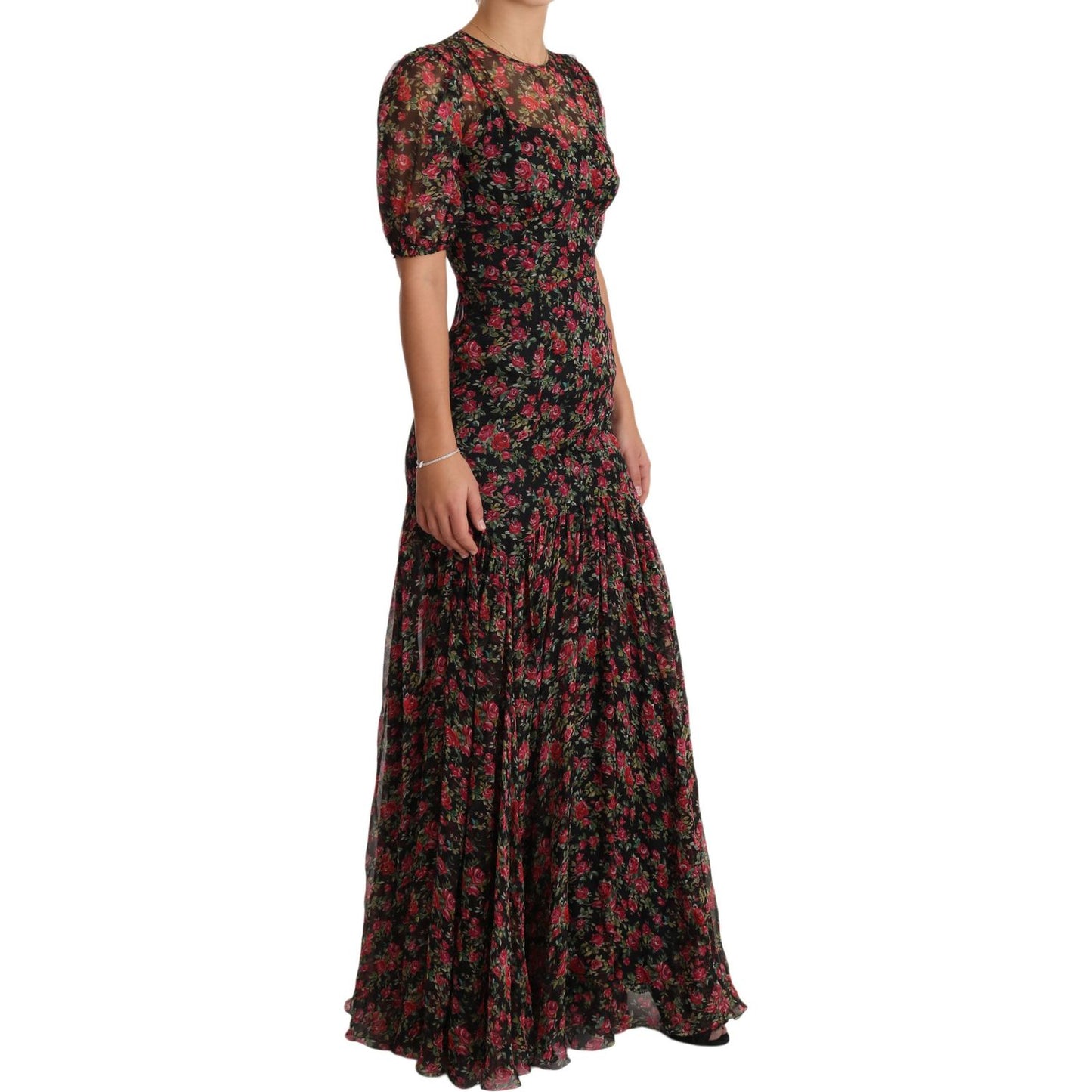 Elegant Black Silk Floral A-Line Gown