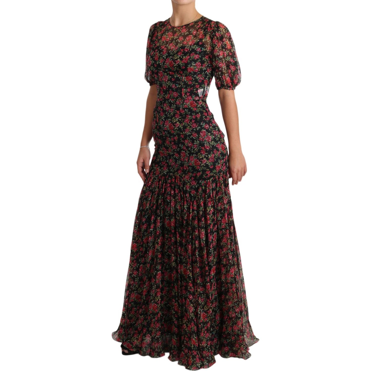 Elegant Black Silk Floral A-Line Gown