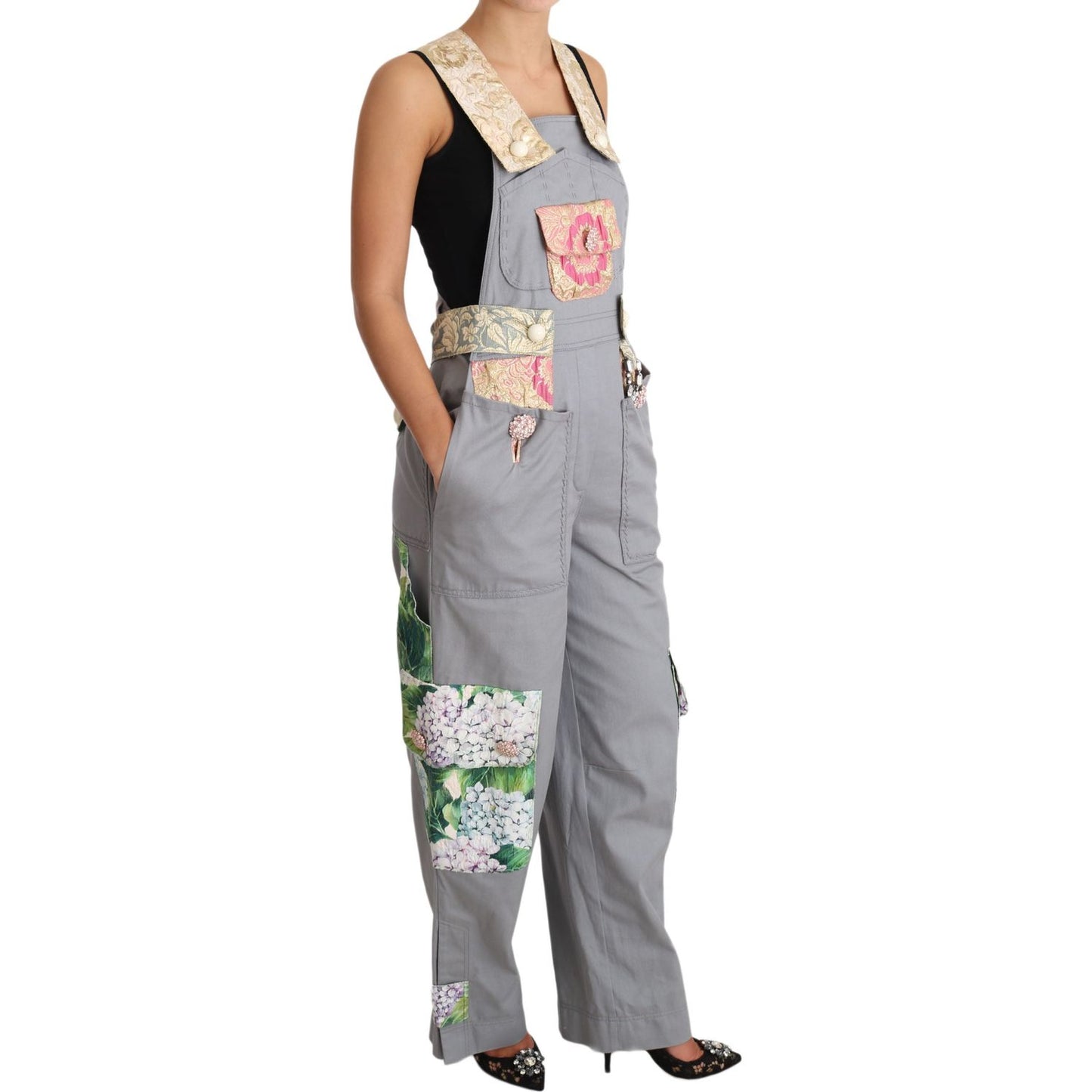 Exquisite Floral Embellished Denim Overalls