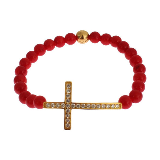 Nialaya Elegant Gold and Red Coral Beaded Bracelet Bracelet red-coral-gold-cz-cross-925-silver-bracelet