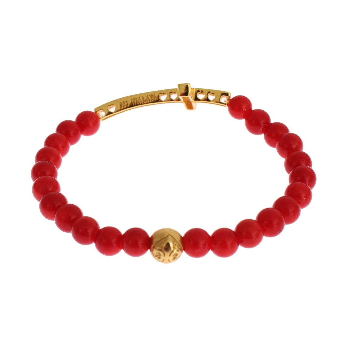 Nialaya Elegant Gold and Red Coral Beaded Bracelet Bracelet red-coral-gold-cz-cross-925-silver-bracelet