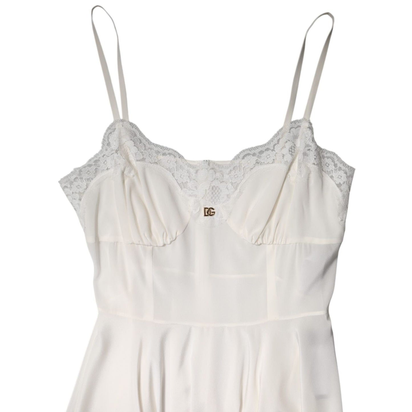 Dolce & Gabbana White Lace Gold DG Logo Silk Dress Sleepwear
