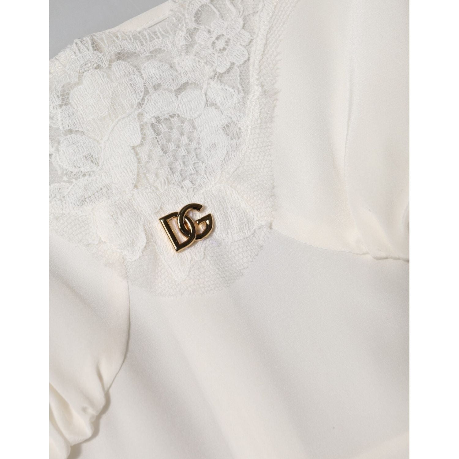 Dolce & Gabbana White Lace Gold DG Logo Silk Dress Sleepwear
