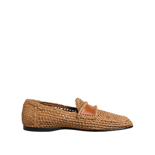 Dolce & Gabbana Brown Woven Raffia Slip On Loafers Shoes Dolce & Gabbana
