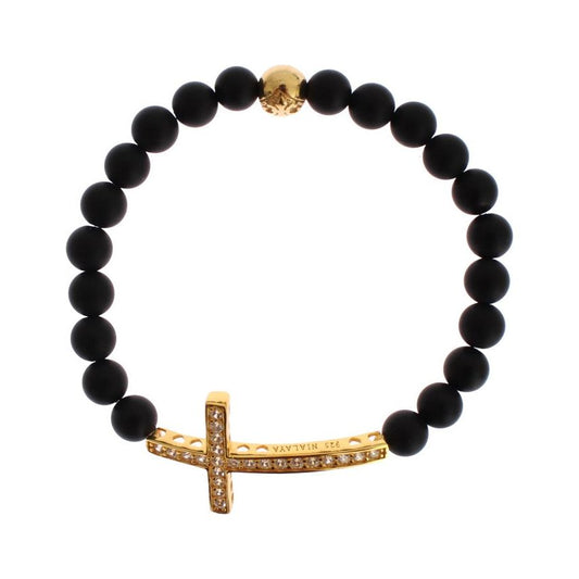 Chic Matte Onyx Bead & CZ Diamond Cross Bracelet