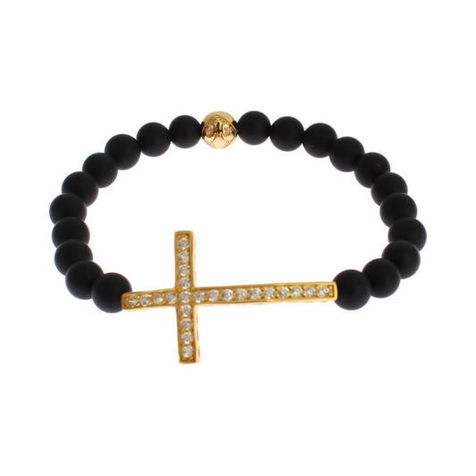 Chic Matte Onyx Bead & CZ Diamond Cross Bracelet