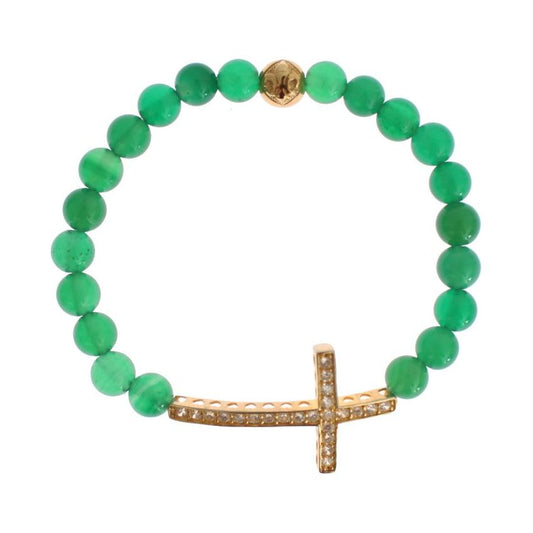 Nialaya Elegant Green Jade Bead & Gold Plated Bracelet Bracelet jade-stone-gold-cz-cross-925-silver-bracelet
