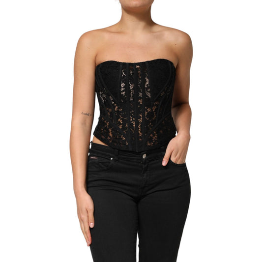 Dolce & Gabbana Black Strapless Floral Lace Bustier Cropped Top Dolce & Gabbana