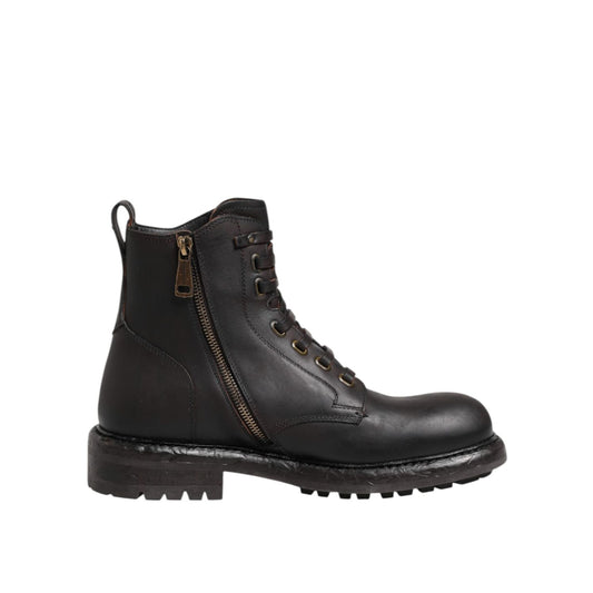Dolce & Gabbana Dark Brown Leather Lace Up Mid Calf Boots Shoes Dolce & Gabbana