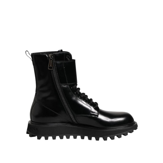 Dolce & Gabbana Black Leather Lace Up Mid Calf Boots Shoes Dolce & Gabbana