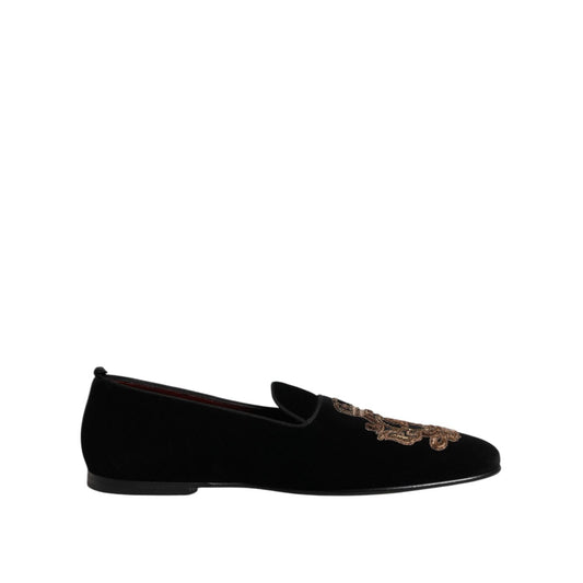 Dolce & Gabbana Black Velvet Gold Crown Mens Loafers Shoes Dolce & Gabbana