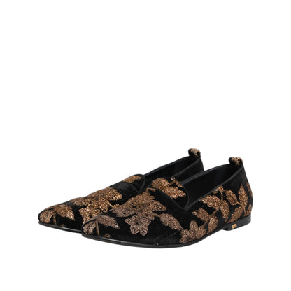 Dolce & Gabbana Black Floral Embroidery Men Loafers Shoes Dolce & Gabbana