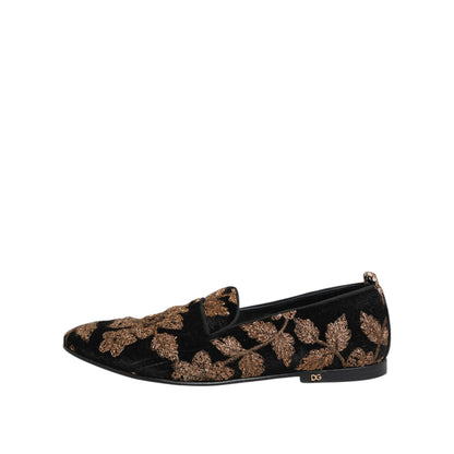 Dolce & Gabbana Black Floral Embroidery Men Loafers Shoes Dolce & Gabbana