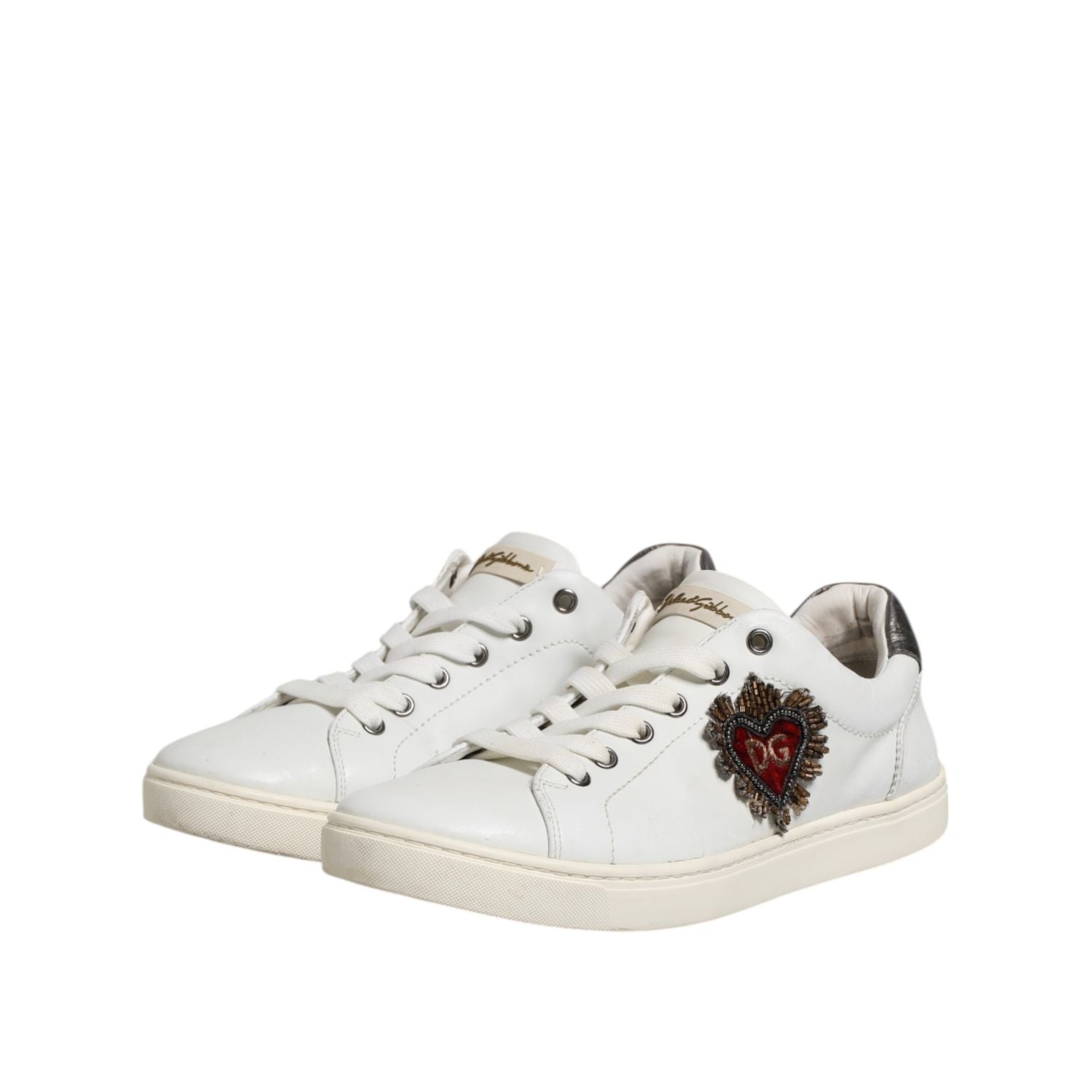 Dolce & Gabbana White Silver Sacred Heart Men Sneakers Shoes