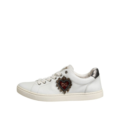 Dolce & Gabbana White Silver Sacred Heart Men Sneakers Shoes