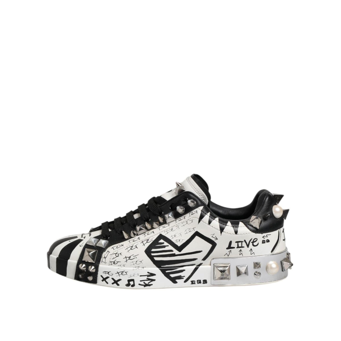 Dolce & Gabbana Black White Studded Low Top Sneakers Shoes