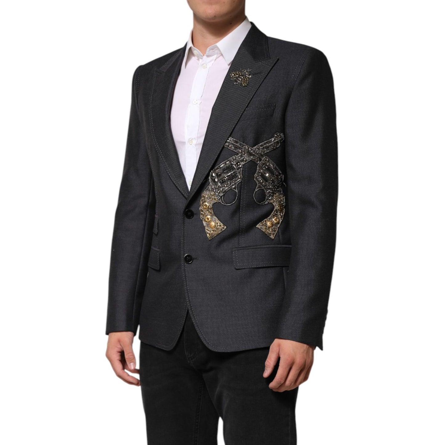 Dolce & Gabbana Dark Gray Bee Embroidery Wool Coat Blazer