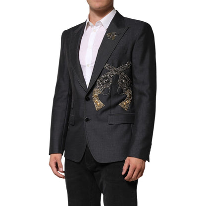 Dolce & Gabbana Dark Gray Bee Embroidery Wool Coat Blazer
