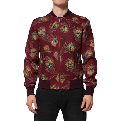 Dolce & Gabbana Maroon Peacock Feather Print Bomber Jacket