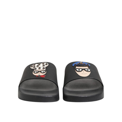 Dolce & Gabbana Black Leather Slides Flats Beachwear Shoes