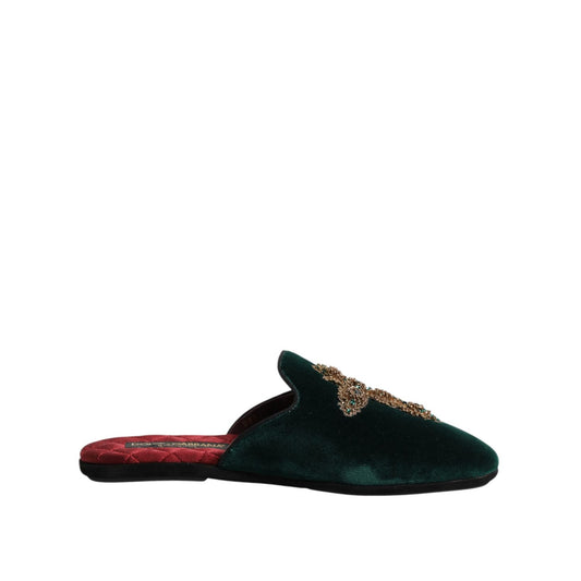 Dolce & Gabbana Green Velvet Cross Embellished Slippers Shoes
