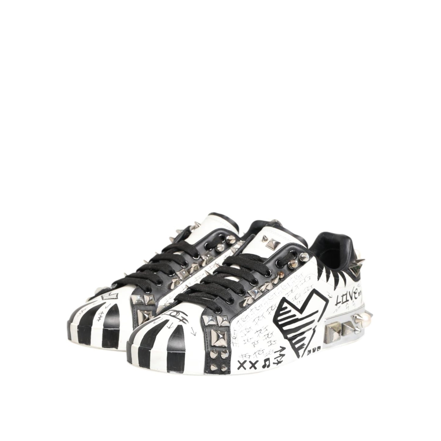 Dolce & Gabbana White Studded Printed Low Top Sneakers Shoes