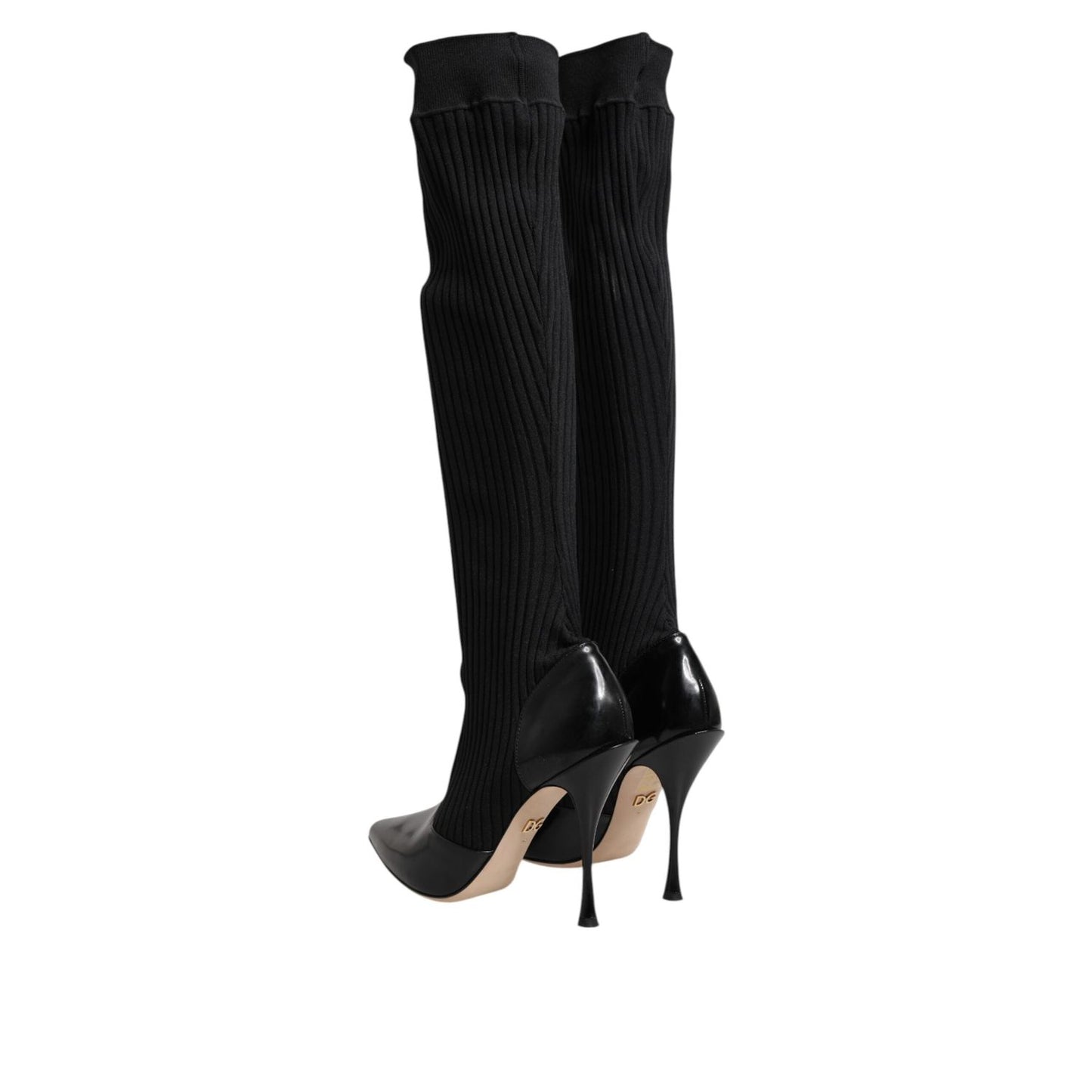 Dolce & Gabbana Black Leather Ribbed Knit Knee Boots Shoes