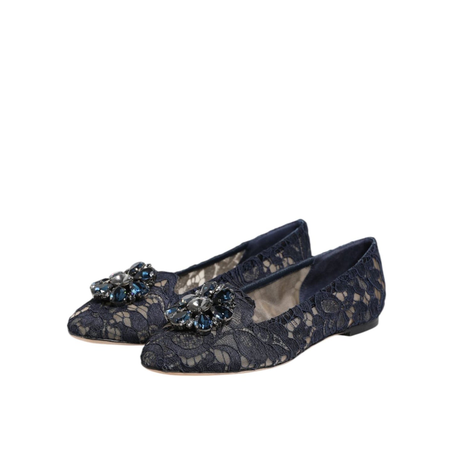 Dolce & Gabbana Blue Taormina Lace Crystals Flats Shoes