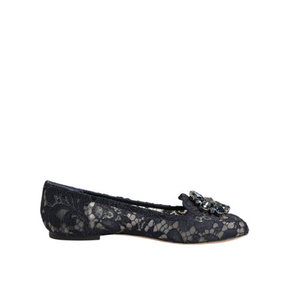 Dolce & Gabbana Blue Taormina Lace Crystals Flats Shoes