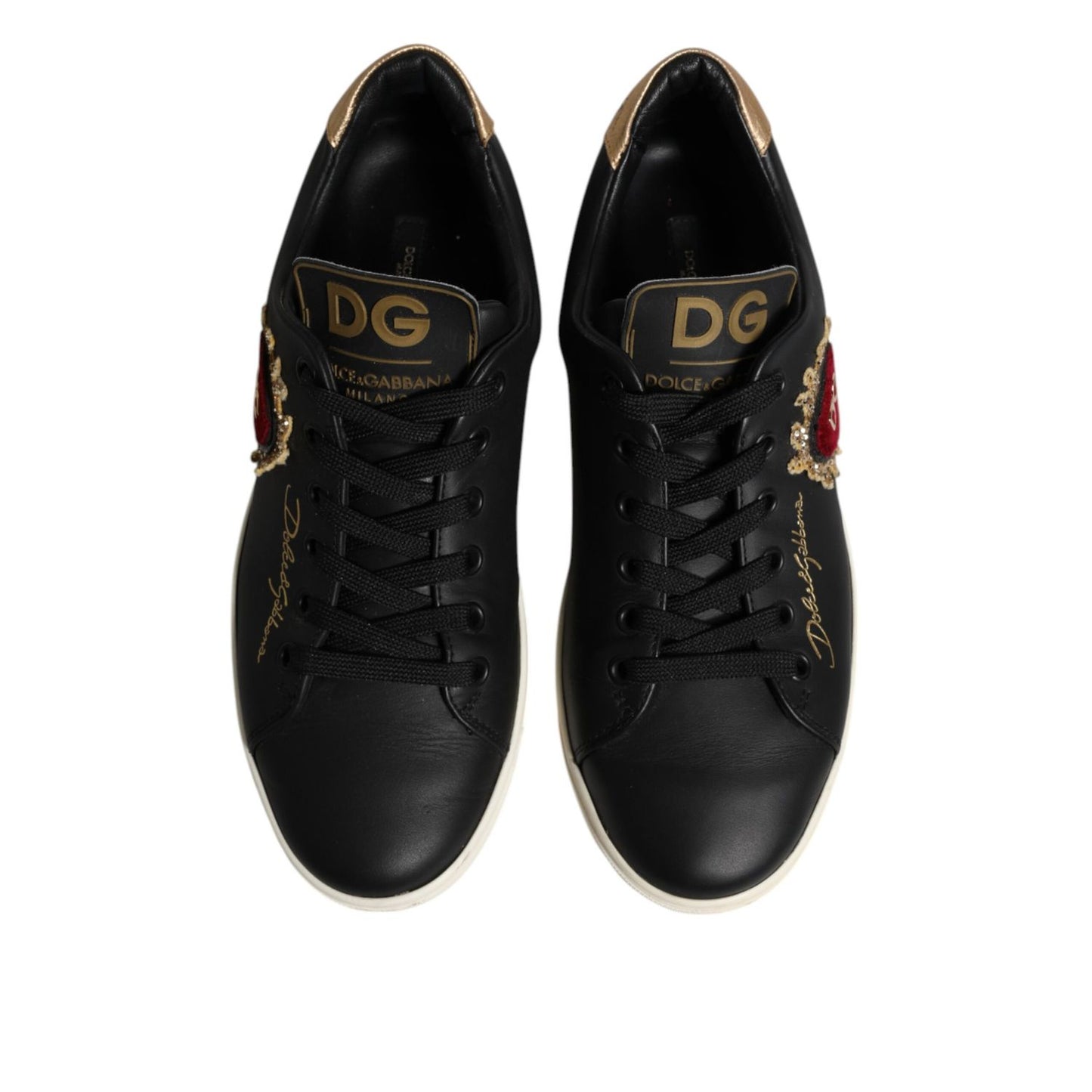 Dolce & Gabbana Black Leather Sacred Heart Sneakers Shoes