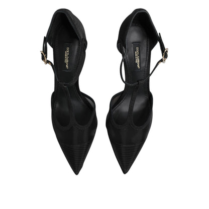 Dolce & Gabbana Black Mesh T-strap Stiletto High Heels Shoes